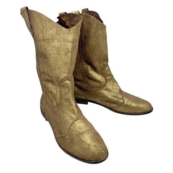 CYNTHIA VINCENT‎ Shimmery Brass Toned Leather Western Styled Mid-Calf Boot - Picture 9 of 13